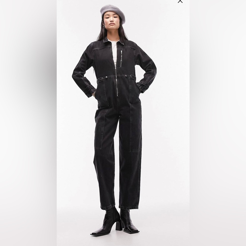 New Topshop denim carpenter boiler suit jumpsuit with adjustable waist size 6